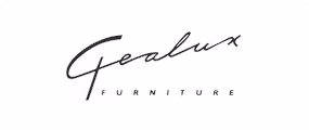 Logo voor Gealux Furniture. Het woord Gealux staat in een zwart, elegant, cursief schrift boven het woord FURNITURE in hoofdletters, verdeeld in zwarte letters op een witte achtergrond.