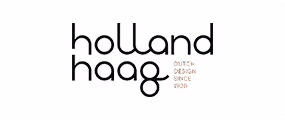 Logo met de woorden holland haag in een modern, rond zwart lettertype. Rechts staat in kleinere letters DUTCH DESIGN SINCE 2020 op een witte achtergrond.
