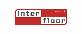 Logo met de woorden 'inter floor' in kleine letters, modern grijs lettertype op een rood-witte rechthoekige achtergrond. Rechtsboven staat de kleine tekst 'sinds 1828'.