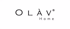 De afbeelding toont het logo voor OLÀV Home in zwarte tekst op een witte achtergrond, met een geregistreerd handelsmerksymbool boven de letter V.