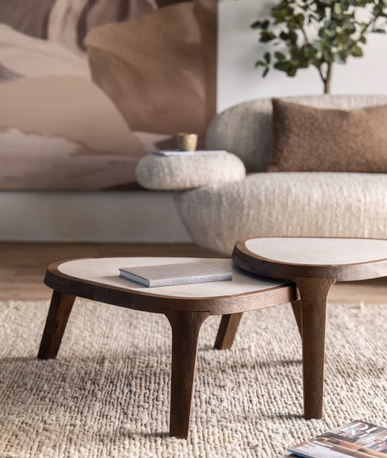 De gezellige woonkamer is ingericht met Japandi-meubels, waaronder een beige vloerkleed met textuur, twee houten salontafels met afgeronde hoeken, een moderne crèmekleurige bank met een bruin kussen, een klein bijzettafeltje en een bladplant op de achtergrond.