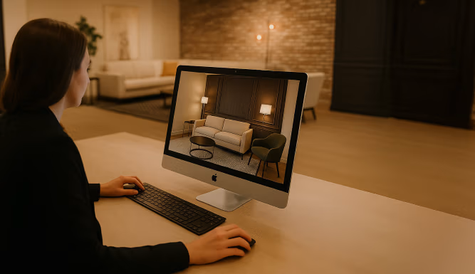 Een persoon zit achter een bureau met een iMac en bekijkt een digitaal beeld van een moderne woonkamer met een bank, fauteuil, lampen en een salontafel. De werkruimte en de achtergrond ogen warm en goed verlicht.
