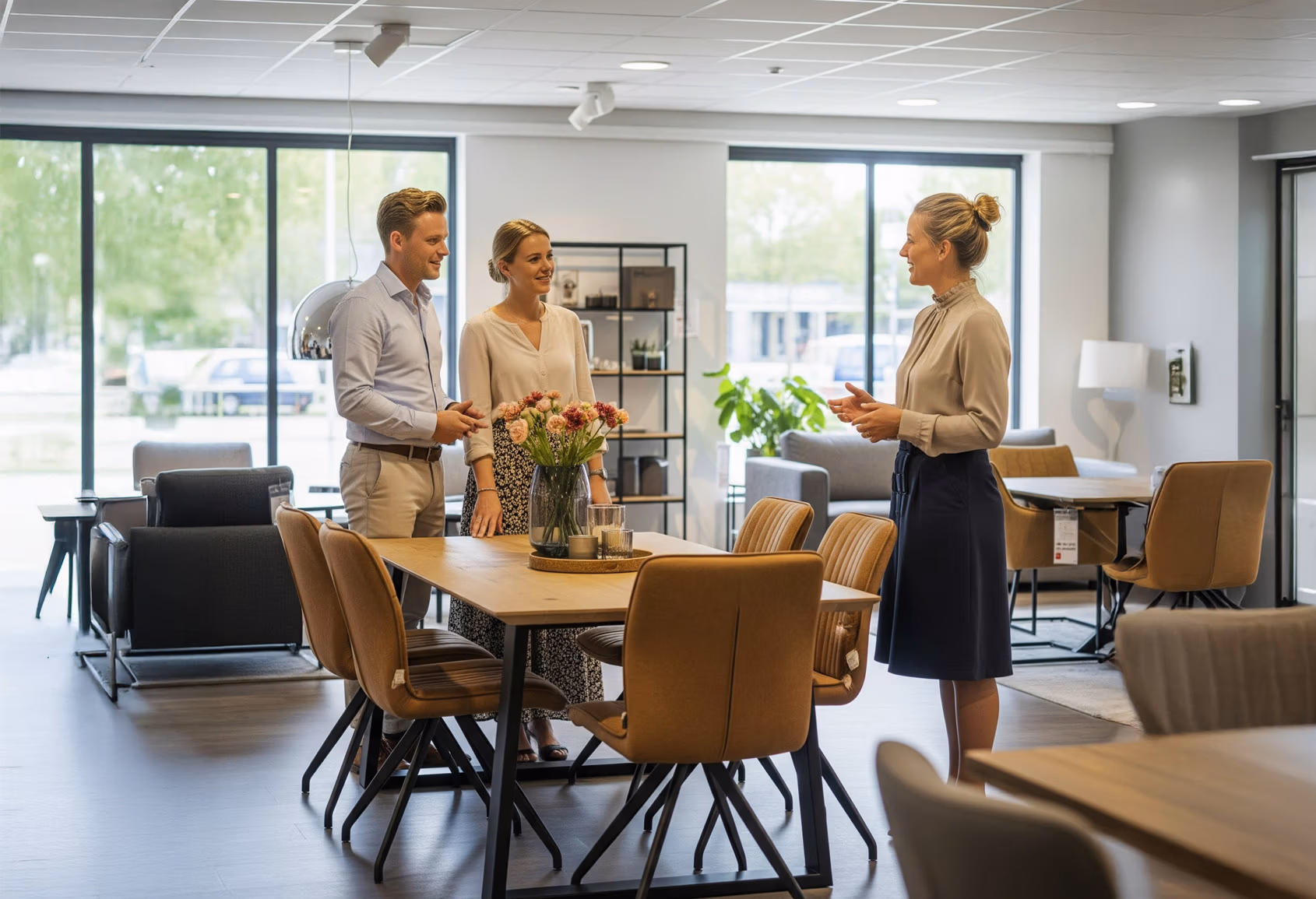 Drie mensen staan te praten in een modern, goed verlicht kantoor of showroom met grote ramen, houten tafels, leren stoelen en bloemen op tafel.